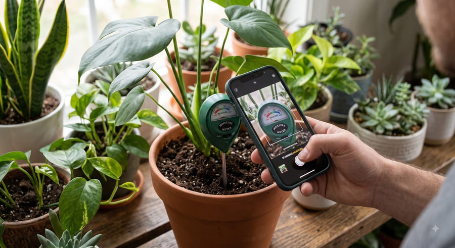 Someone holding a phone up to scan the display of a soil meter pushed into a monstera pot, other houseplants around